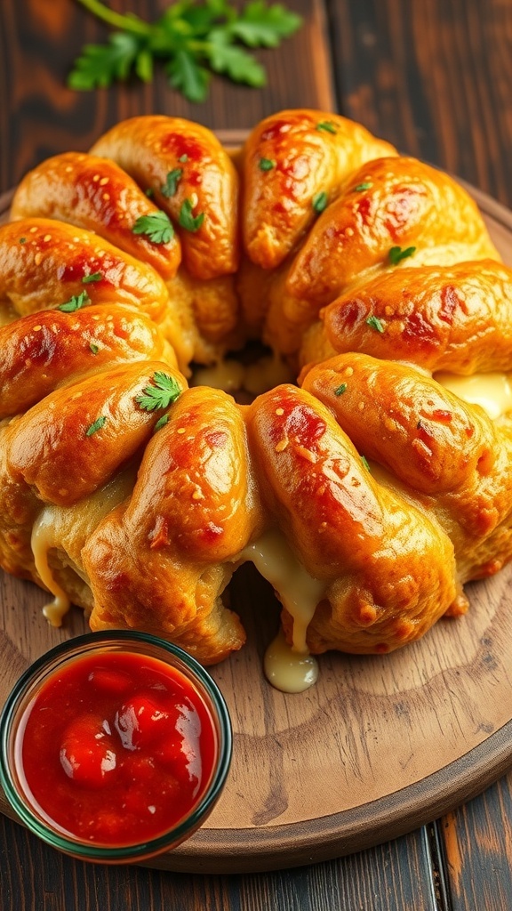 Savory Monkey Bread Recipe Savory monkey bread with melted cheese and herbs, served with marinara sauce on a wooden table.